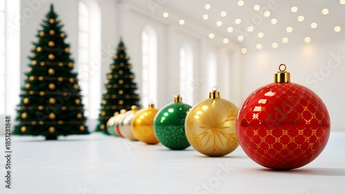 Row of colorful Christmas ornaments in bright modern interior