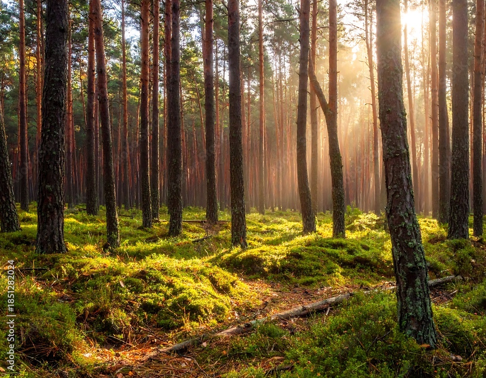 Fototapeta premium Sunlight streams through a misty pine forest