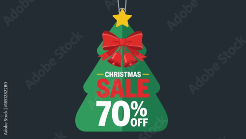 A Christmas sale advertisement featuring a green tree with a red bow and a star on top, offering 70% off