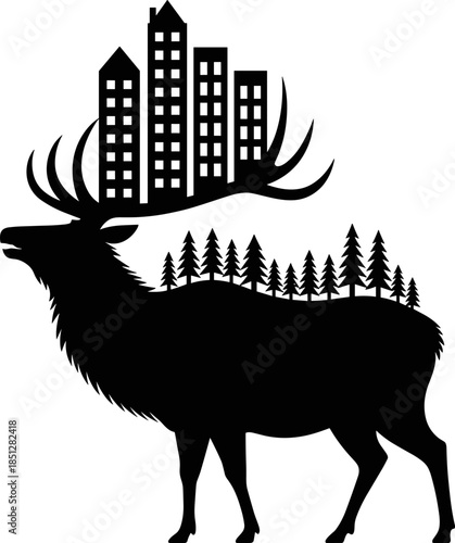 Vector Illustration of a Deer Silhouette, Featuring a City Skyline on Antlers and Forest Pine Trees on its Back for Environmental Concepts