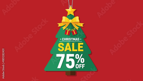Christmas sale advertisement featuring a decorated tree graphic on a red background