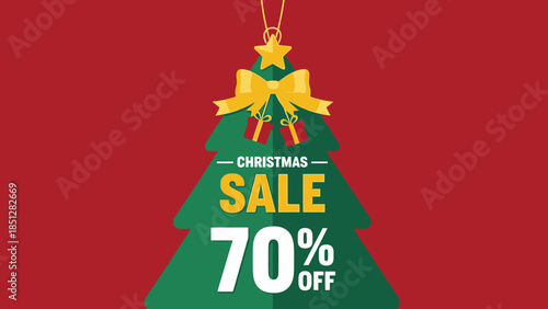 Christmas Sale Advertisement Featuring a Decorated Tree with a Golden Star and Ribbon