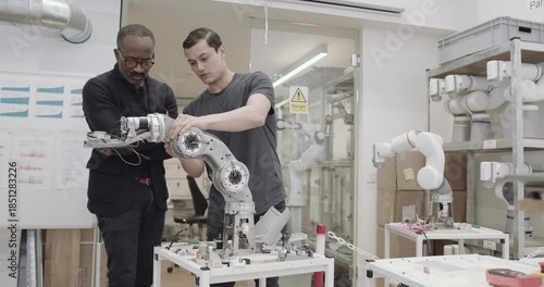 Two men collaborating on a robotic arm in a modern industrial workshop with bright lighting.