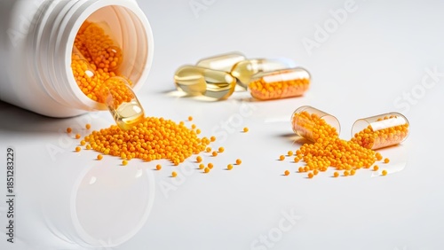 Orange granular pills spilling from a white bottle and scattered on a reflective surface.