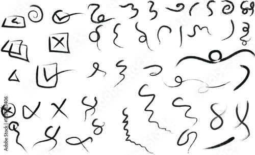 Handwritten symbols and characters in black ink on white background