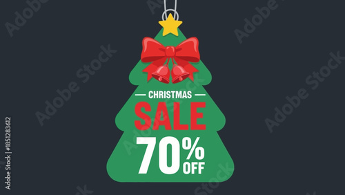 A Christmas tree graphic with 70 percent off sale text hanging on a dark background