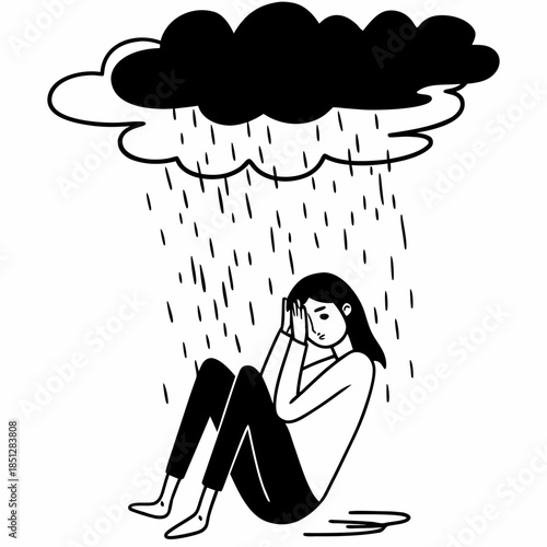 Depression teenager woman drowning in her regret, anxiety and stress. Mental health problem illustration