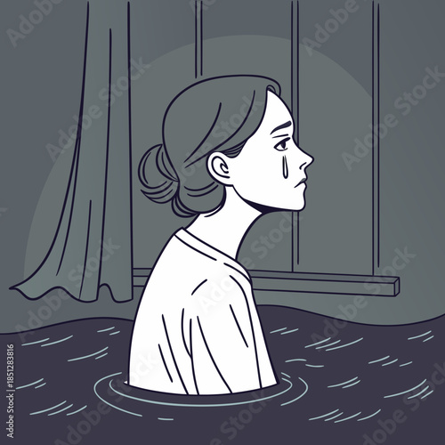 Depression teenager woman drowning in her regret, anxiety and stress. Mental health problem illustration