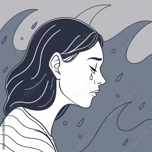 Depression teenager woman drowning in her regret, anxiety and stress. Mental health problem illustration