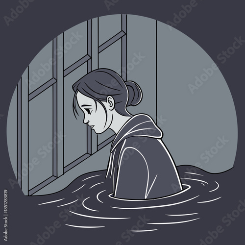 Depression teenager woman drowning in her regret, anxiety and stress. Mental health problem illustration