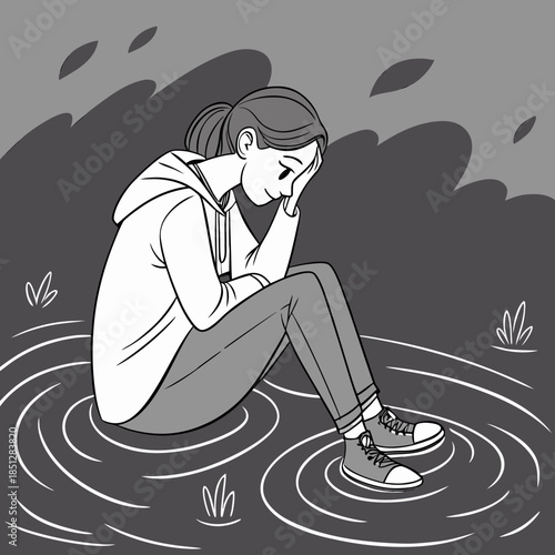 Depression teenager woman drowning in her regret, anxiety and stress. Mental health problem illustration