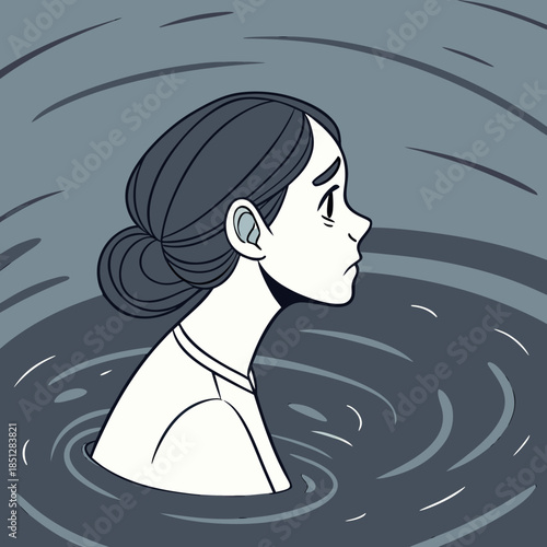 Depression teenager woman drowning in her regret, anxiety and stress. Mental health problem illustration