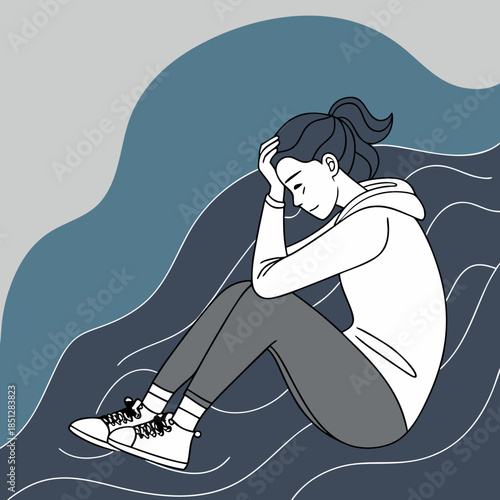 Depression teenager woman drowning in her regret, anxiety and stress. Mental health problem illustration