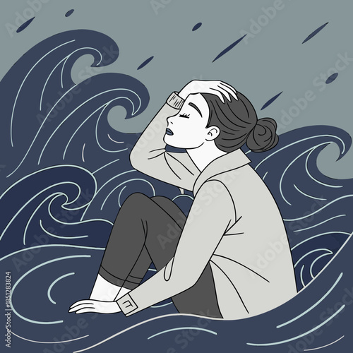 Depression teenager woman drowning in her regret, anxiety and stress. Mental health problem illustration