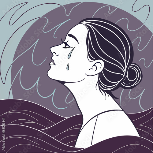 Depression teenager woman drowning in her regret, anxiety and stress. Mental health problem illustration