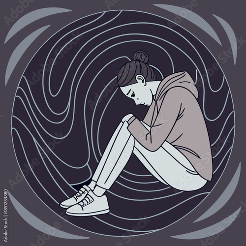 Depression teenager woman drowning in her regret, anxiety and stress. Mental health problem illustration