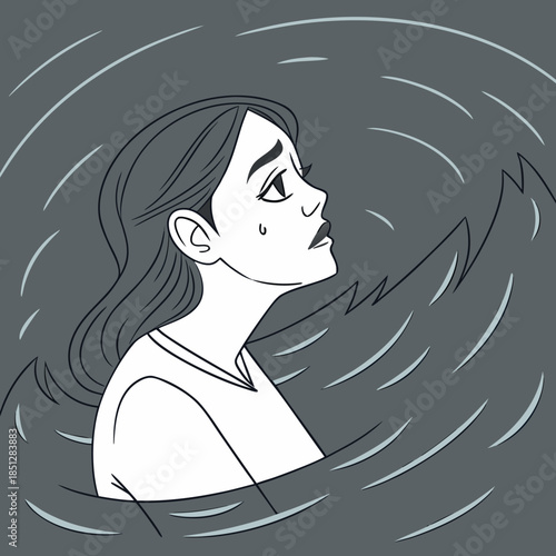 Depression teenager woman drowning in her regret, anxiety and stress. Mental health problem illustration