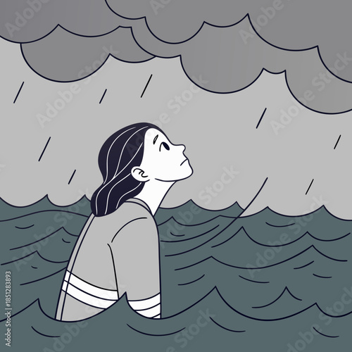 Depression teenager woman drowning in her regret, anxiety and stress. Mental health problem illustration