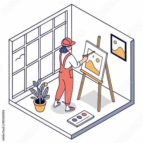 Artist painting on canvas. Easel, canvas, brush. Bright colors paints on the picture. Artist studio. Vector modern illustration isolated on white background.