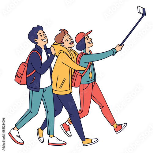 People make selfie. Men and women taking photo on smartphone camera, friends using selfie stick. Characters vector set