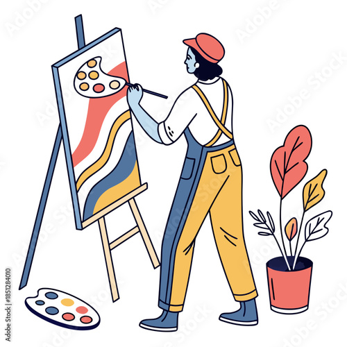 Artist painting on canvas. Easel, canvas, brush. Bright colors paints on the picture. Artist studio. Vector modern illustration isolated on white background.