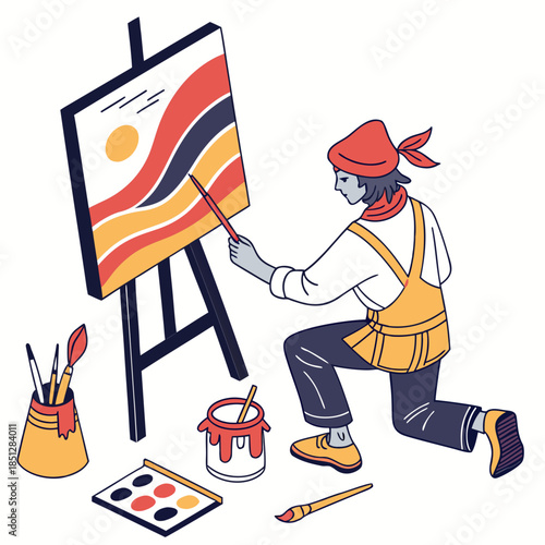 Artist painting on canvas. Easel, canvas, brush. Bright colors paints on the picture. Artist studio. Vector modern illustration isolated on white background.