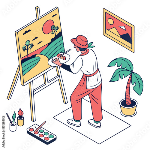 Artist painting on canvas. Easel, canvas, brush. Bright colors paints on the picture. Artist studio. Vector modern illustration isolated on white background.