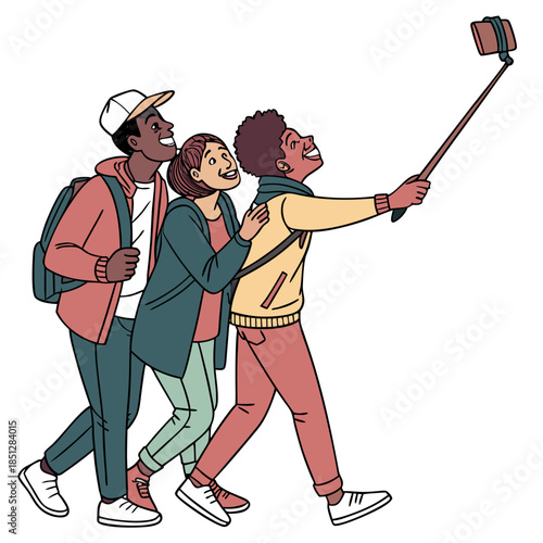 People make selfie. Men and women taking photo on smartphone camera, friends using selfie stick. Characters vector set