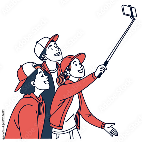 People make selfie. Men and women taking photo on smartphone camera, friends using selfie stick. Characters vector set
