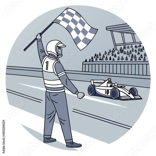 A vector illustration depicts a race track marshal waving a checkered flag, signaling the end of a competition or a victory.