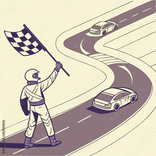 A vector illustration depicts a race track marshal waving a checkered flag, signaling the end of a competition or a victory.