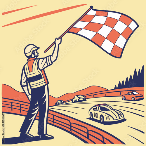 A vector illustration depicts a race track marshal waving a checkered flag, signaling the end of a competition or a victory.