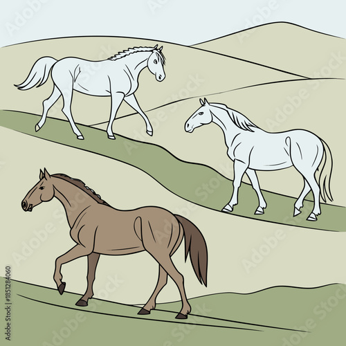 Three horses shown in various stances