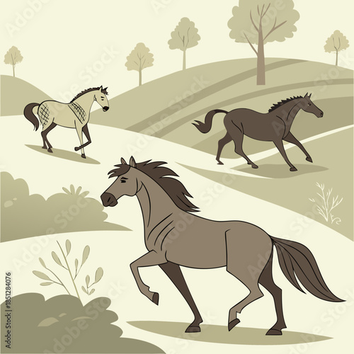 Three horses shown in various stances