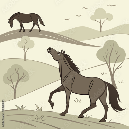 Three horses shown in various stances