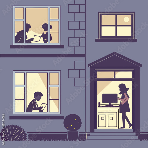 Neighbors in windows. Cartoon characters at their apartment reading book, cooking, watching TV and spending time together. Vector illustration evening home scene, silhouette or shadow people in window