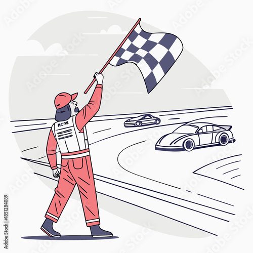 A vector illustration depicts a race track marshal waving a checkered flag, signaling the end of a competition or a victory.