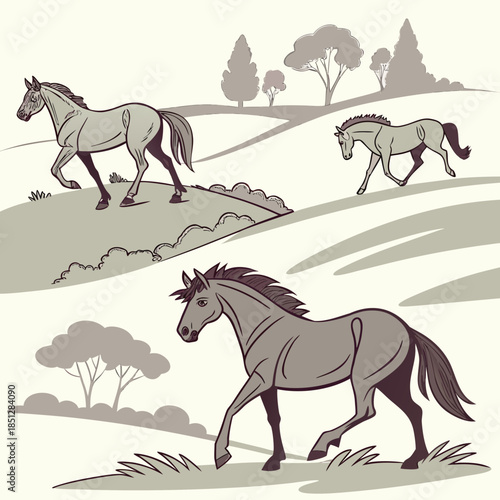 Three horses shown in various stances