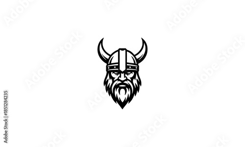 Fierce Viking head mascot with horned helmet and thick beard black and white vector illustration isolated on white background logo