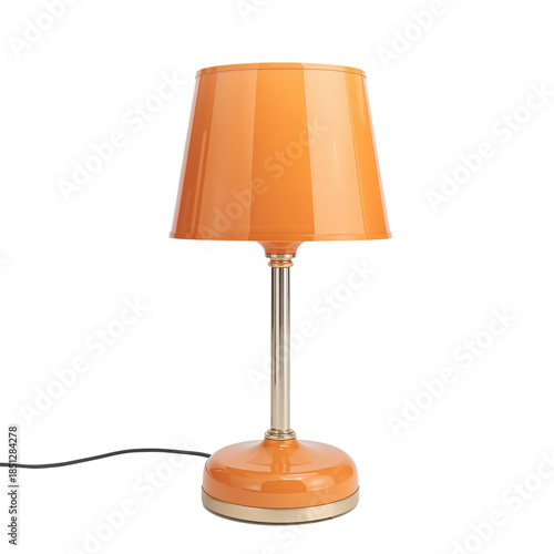 Bright Orange Lamp Stands on a Table With a Power Cord Visible on the Floor