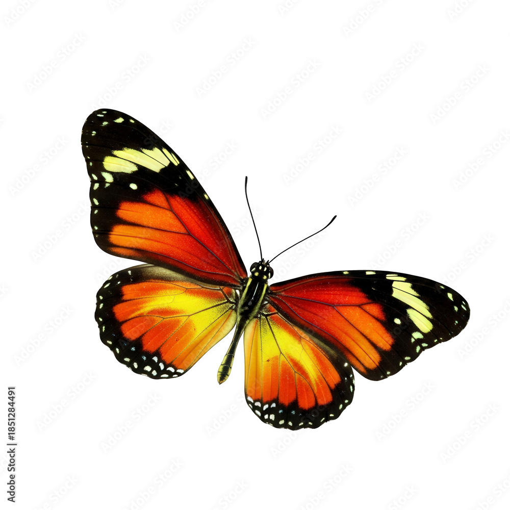 Fototapeta premium Butterfly in vibrant colors with orange and yellow wings in natural lighting on white background for wildlife photography