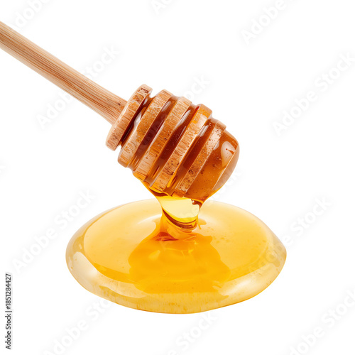 Honey Drips From a Wooden Dipper Onto a Smooth Surface in a Bright Setting Wi...