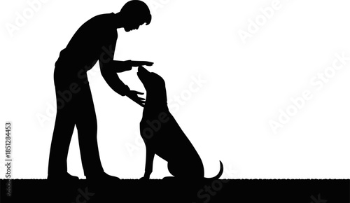 Vector Illustration of a Man Training a Dog Silhouette, Featuring a Person Interacting with a Loyal Pet for Animal Concepts
