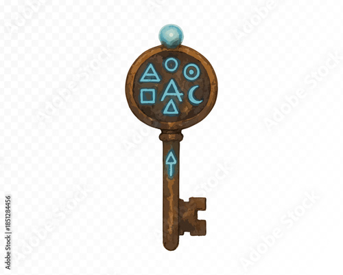 Mystical watercolor key with glowing geometric symbols and circular emblem, fantasy magical artifact illustration in dark wood and blue tones for symbolic decorative design projects. Vector