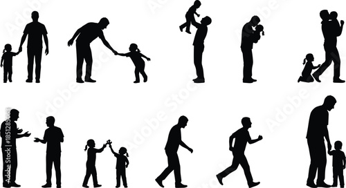 Father and child silhouettes set showing parenting moments, walking playing lifting hugging kids, family love lifestyle illustration collection isolated on white background
