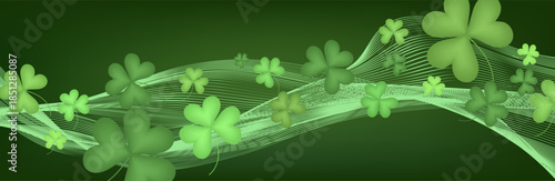 Happy St Patrick's Day concept. Greeting card design with four leaf clovers and gold coins on green background.