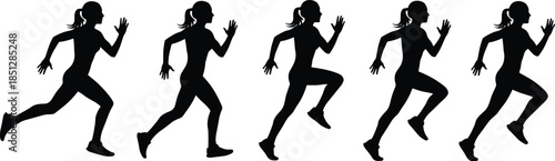 Female runner silhouettes in motion sequence, woman jogging and sprinting poses, fitness training and athletic exercise illustration set