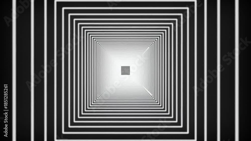 Geometric pattern of concentric squares in black and white with a central glowing effect