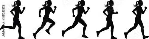 Female runner silhouettes sequence showing jogging and running motion, fitness training, healthy lifestyle, sport activity, black vector illustration isolated