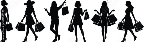 Fashionable women shopping silhouettes holding bags, stylish female consumers enjoying retail purchases, modern lifestyle illustration isolated on white background